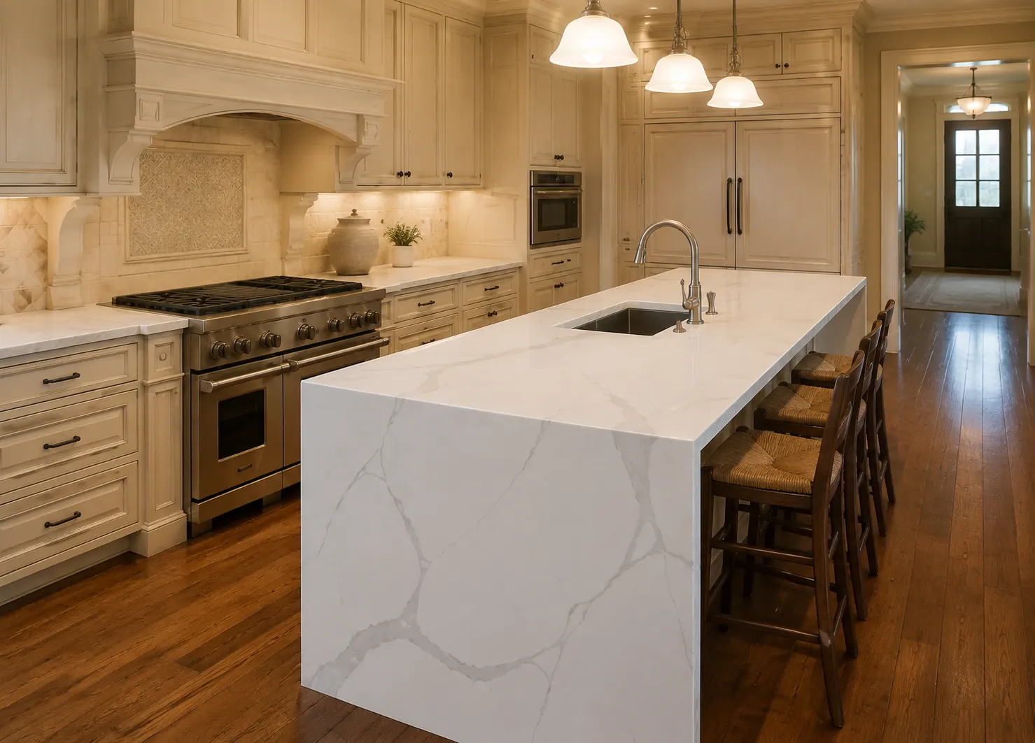 Kitchen in Burlington with Calacatta Classic quartz counters and a waterfall island
