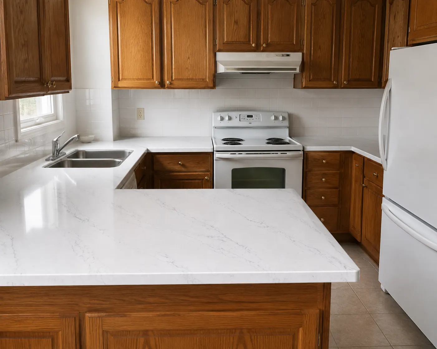 Kitchen in Mississauga with Frost Carrara quartz counters and the existing cabinets kept