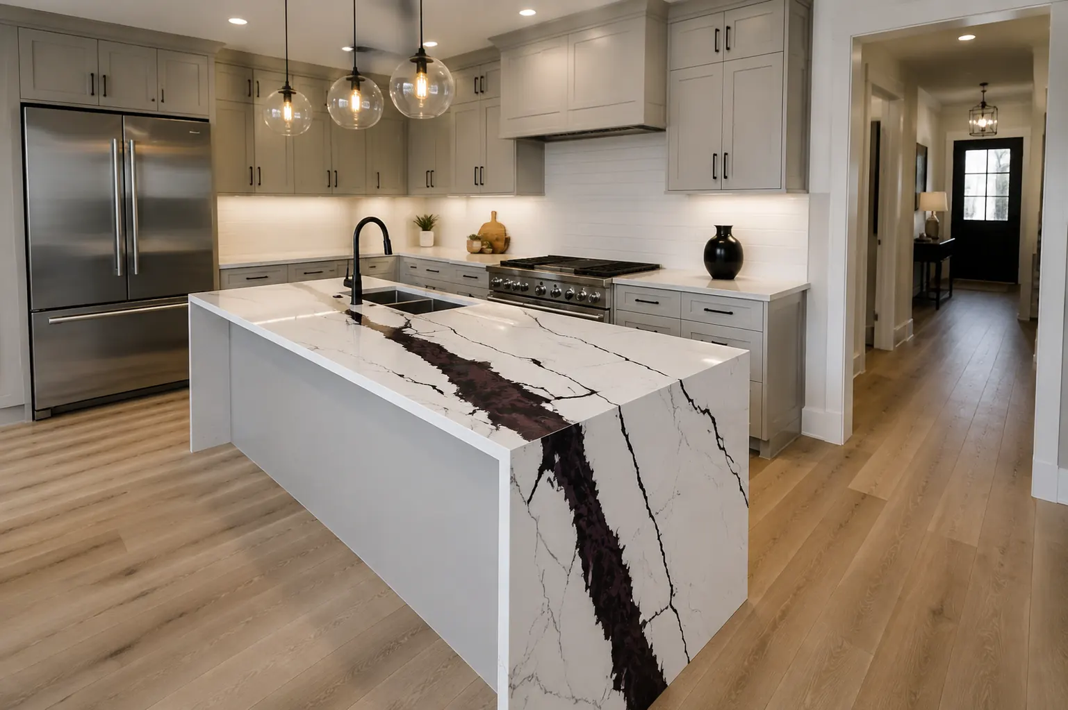 Kitchen in Toronto with Calacatta Viola quartz counters and a waterfall island