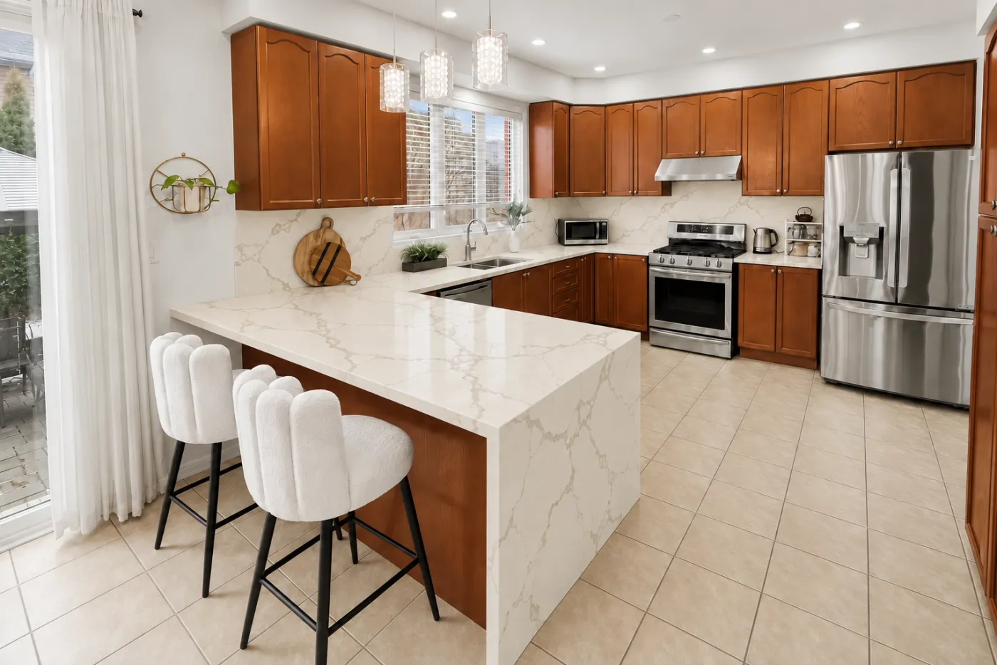 Updated maple kitchen with Calacatta Gold quartz, a matching backsplash and waterfall edge